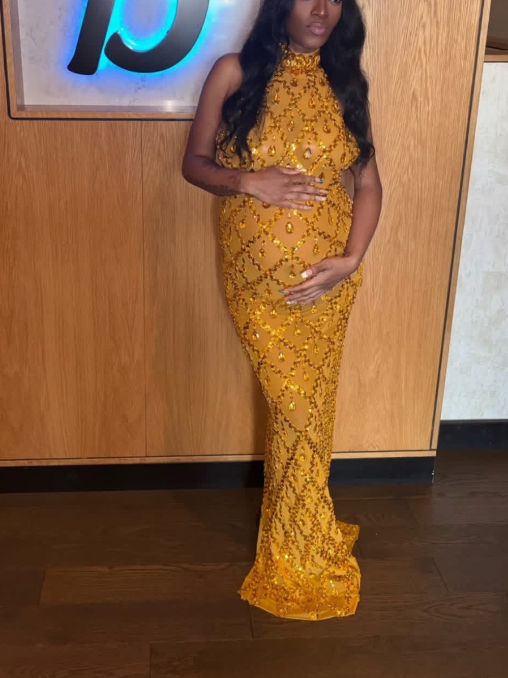 Gold Sequin High-Neck Evening Gown - Women Dresses
